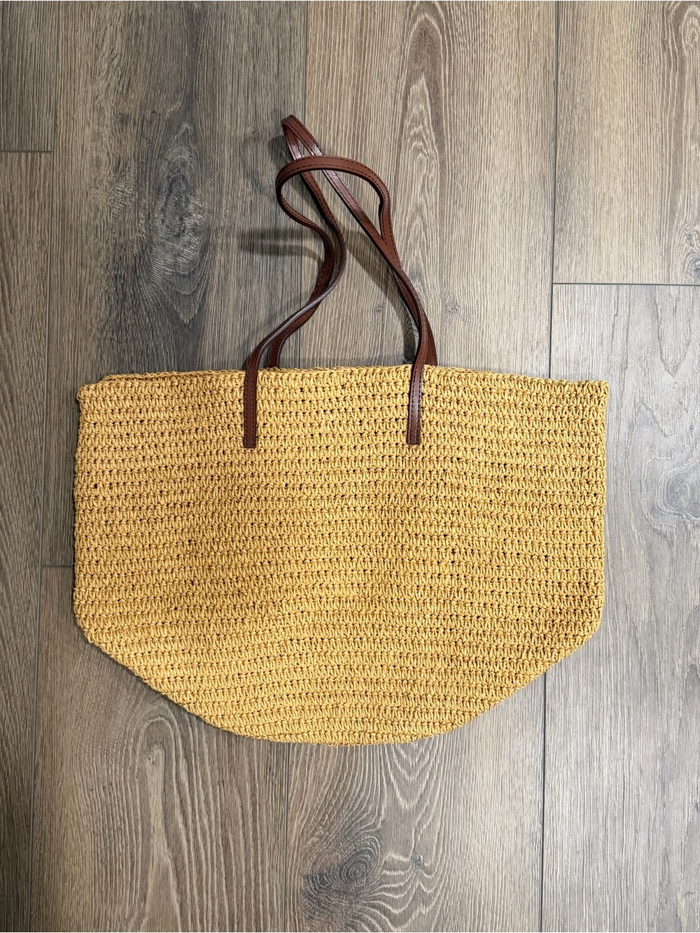 J. Crew Woven Market Tote Bag with Brown Leather Handles
